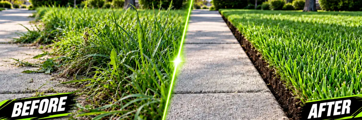 Overgrown sidewalk edge on the left, a clean crisp edge on the right